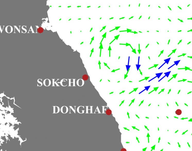 16일 새벽시간대 동해안 해류 (자료제공=국립해양조사원 홈페이지)
