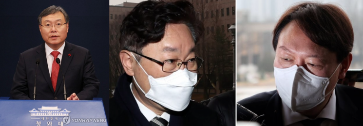 (왼쪽부터)신현수 청와대 민정수석비서관. 박범계 법무부 장관, 윤석열 검찰총장.