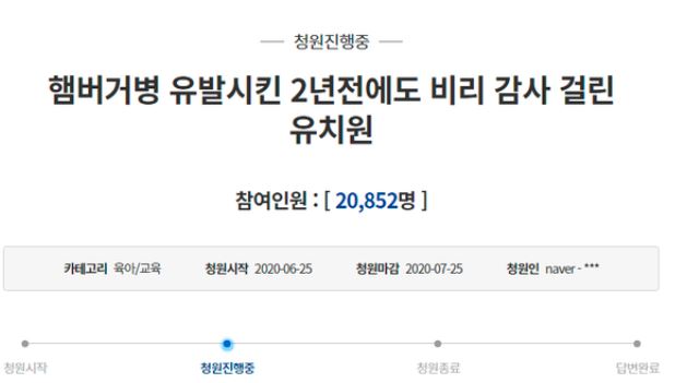 지난해 6월 집단식중독 사고가 벌어진 안산 사립유치원에 대한 비리 조사를 촉구하는 청원글. / 사진=청와대 국민청원 게시판 캡처
