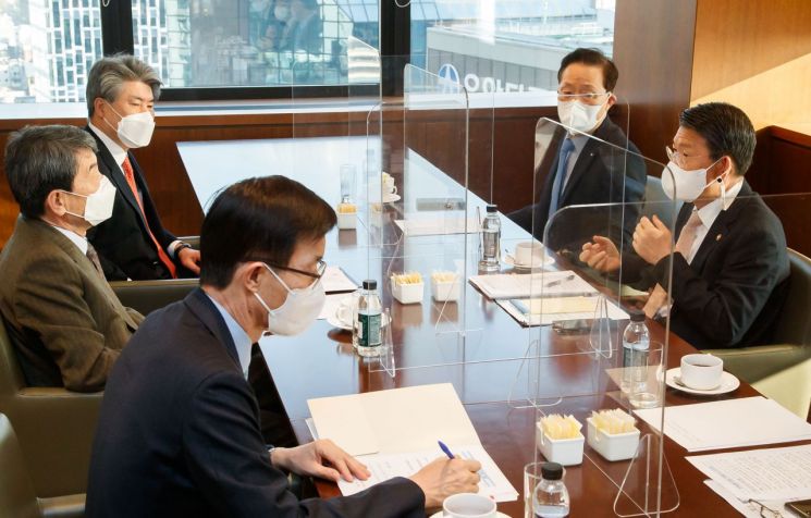 왼쪽 아래부터 시계방향으로 방문규 수출입은행장, 이동걸 산업은행 회장, 윤종원 기업은행장, 윤대희 신용보증기금 이사장, 은 위원장.
