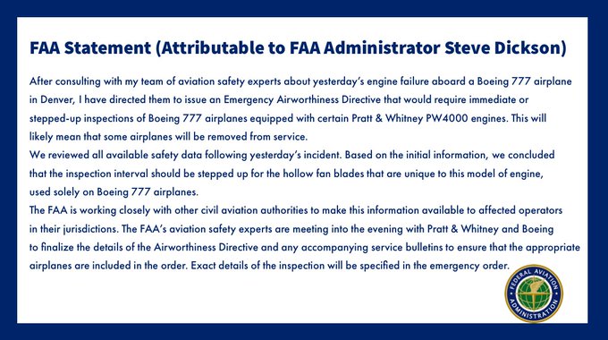 美FAA, '파편 추락' 보잉777 운항 잠정 중단…긴급 검사 명령 