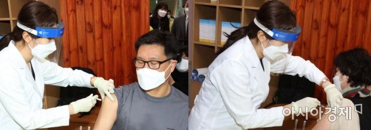 건천읍 굿모닝요양원 공병렬(57) 원장이 아내 김종희(54)씨와 함께 26일 오전 9시 경주시보건소에서 백신을 접종하고 있는 모습.