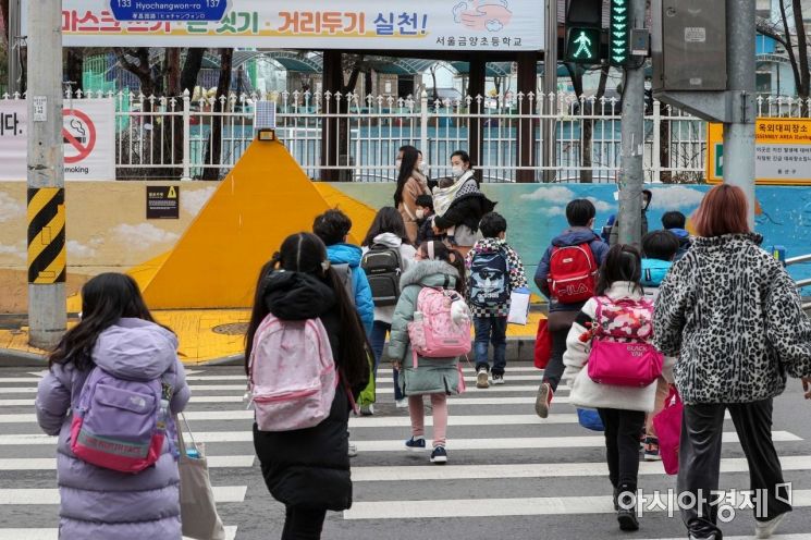 전국 유치원생, 초등학교 1-2학년, 고3 학생이 등교를 시작한 2일 서울 용산구 금양초등학교에서 학생들이 등교하고 있다./강진형 기자aymsdream@