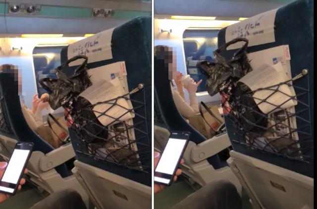 한 여성이 KTX 열차 안에서 마스크를 내린채 햄버거 등 음식물을 섭취하는 모습. 사진=온라인 커뮤니티 캡처