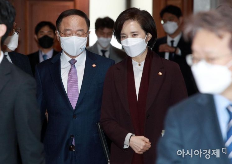 [포토] 국정현안점검회의 참석하는 홍남기-유은혜