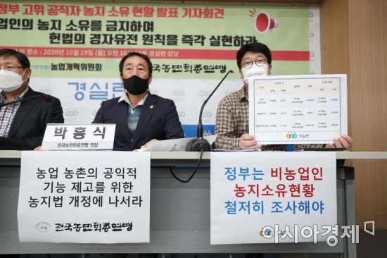 지난해 10월 19일 서울 종로구 경제정의실천시민연합 강당에서 열린 문재인 정부 고위공직자 농지소유 현황 조사 발표 기자회견에서 오세형 경실련 경제정책국 팀장이 발언하고 있다. /문호남 기자 munonam@