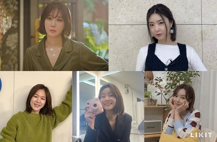 칼단발 스타일링도 찰떡같이 소화하는 스타들./사진=(왼쪽 위부터 시계방향으로)SBS 금토드라마 '펜트하우스' 화면캡처, 브레이브걸스 유나, 한예리, 박소담, 초아 인스타그램