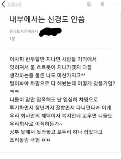 한 온라인 커뮤니티에서 LH직원이 올린 글로 추정되는 글. 사진=온라인 캡처