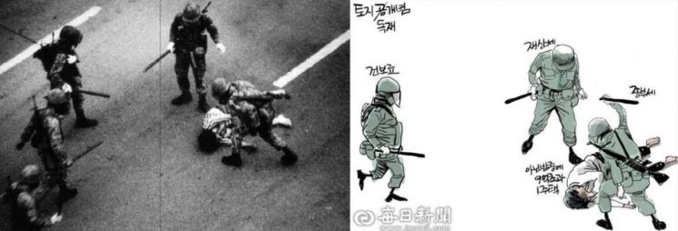 대구매일신문이 지난 19일 자 만평에 실었던 사진(오른쪽)과 5.18 당시 계엄군에 의해 무자비하게 폭행당하고 있는 시민의 모습(왼쪽). 사진=SNS 갈무리