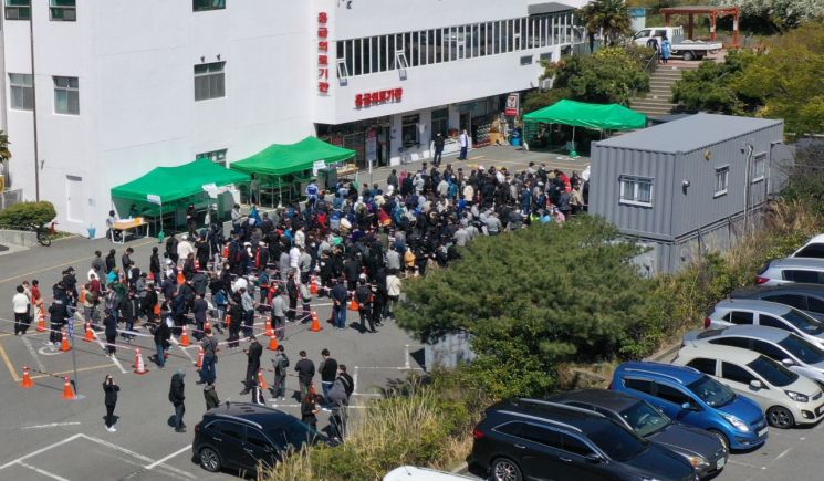 22일 경남 거제시 거제 한 병원 코로나 검사장에 많은 시민이 거리두기를 무시한 채 줄 서 있다. [이미지출처=연합뉴스]