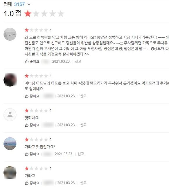 욕설 논란이 불거진 대구 식당의 어플리케이션(앱) 정보란에 이른바 '별점 테러'가 가해진 모습. / 사진=인터넷 홈페이지 캡처