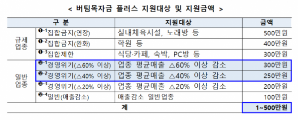 버팀목자금 플러스 지원대상 및 지원금액. 표 = 중소벤처기업부 제공