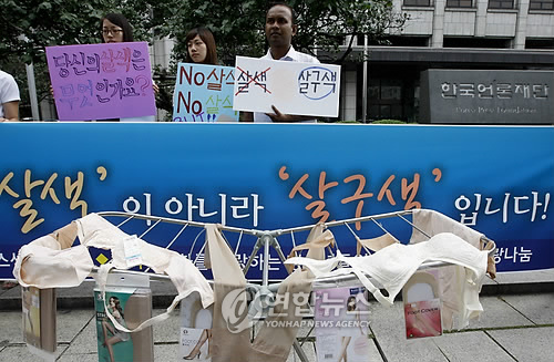 `살색' 단어 사용 금지 촉구 평화를 사랑하는 청소년들의 모임 소속 회원들이 "언론과 기업은 인종차별을 조장하는 `살색' 단어의 사용을 중지해야 한다"고 주장하고 있다. 2009.8.25 /사진 = 연합뉴스