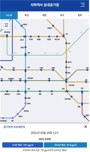 실내공기질 관리 종합정보망 모바일 앱 화면 예시.