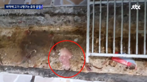 경북 포항의 한 곱창 제조업체가 영업 신고조차 하지 않고 비위생적인 공간에서 불법으로 제품을 만들었다는 30일 JTBC '뉴스룸' 보도 영상./사진=JTBC 방송 화면 캡쳐