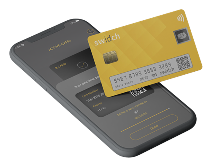 인증보안 스타트업 센스톤이 독자적으로 개발한 일회용인증코드(OTAC) 기술이 적용된 신용카드 시제품. 스위치(swidch)는 센스톤의 영국 법인명. [사진 = 센스톤]