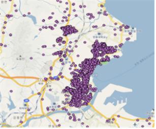 QGIS(지리정보시스템)를 통해 파악된 경북지역 체납차량 분포도.