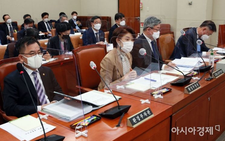 한정애 환경부 장관이 20일 국회에서 열린 환경노동위원회 전체회의에 출석, 의원들의 질의에 답변하고 있다./윤동주 기자 doso7@