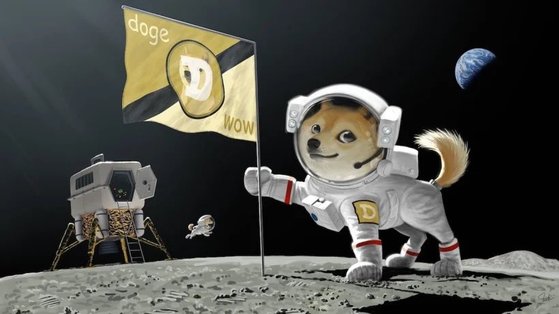 지난 2월 일론 머스크 테슬라 CEO가 올린 이미지. 도지코인을 상징하는 시바견이 달 착륙을 한 모습을 그렸다. 사진=일론 머스크 트위터 캡처