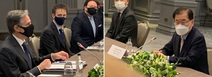주요 7개국(G7) 외교·개발장관회의 참석차 영국을 방문 중인 정의용 외교부 장관(오른쪽)이 3일 영국 런던에서 토니 블링컨 미국 국무부 장관과 한미 외교장관 회담을 하고 있다. [이미지출처=연합뉴스]