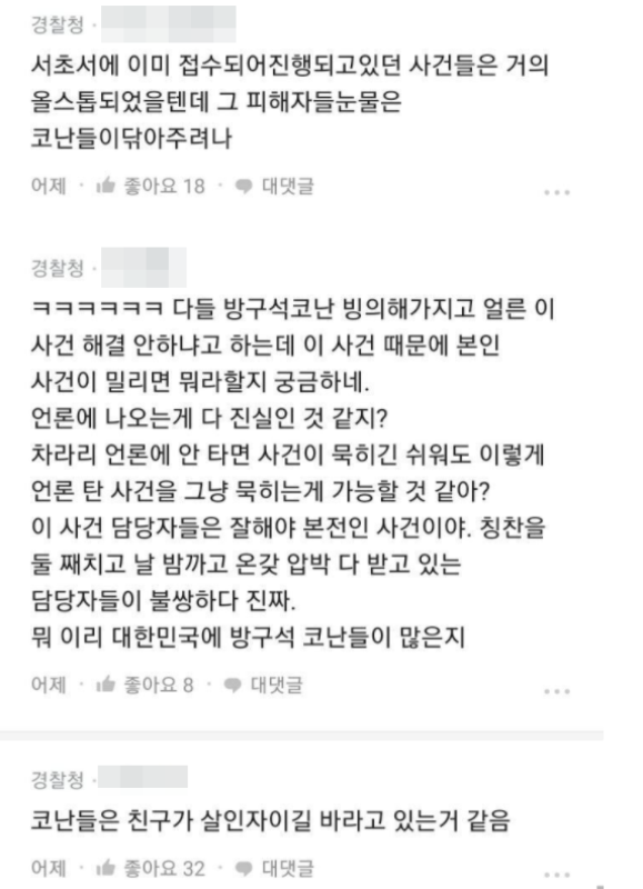 '한강 대학생 실종 사건'의 경찰수사와 관련해 경찰 추정 누리꾼이 쓴 글. 사진=온라인커뮤니티 캡처
