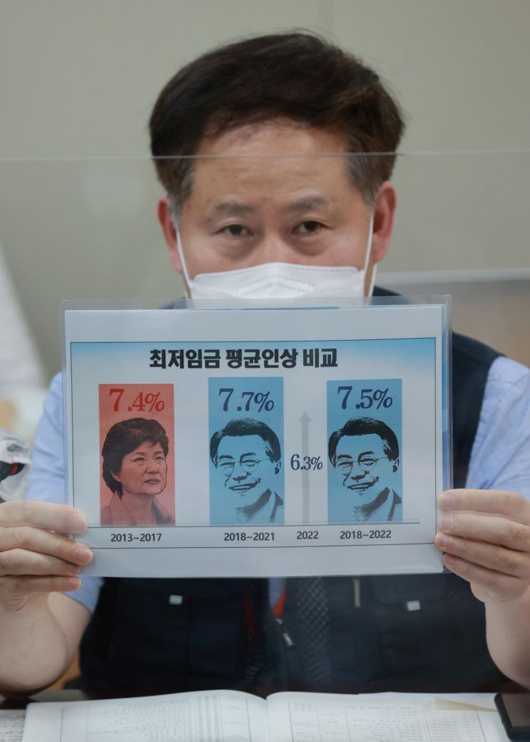 18일 세종시 정부세종청사 최저임금위원회 회의실에서 열린 2차 전원회의에서 근로자위원인 한국노총 정문주 정책본부장이 최저임금 평균인상 비교표를 들어보이고 있다. 최저임금위는 근로자위원, 사용자위원, 공익위원 9명씩 모두 27명으로 구성돼 있다.(이미지 출처=연합뉴스)