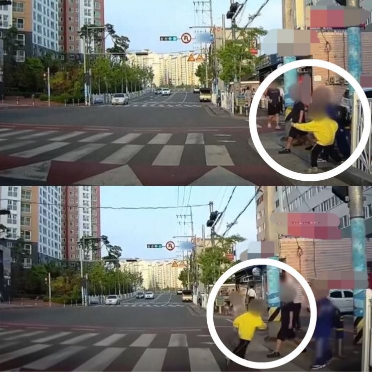 지난 11일 울산 중구 한 스쿨존 횡단보도에서 차량이 출발하려고 하자 갑자기 앞으로 뛰쳐 나오는 아이들 모습. / 사진=유튜브 영상 캡처