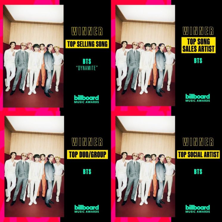 그룹 방탄소년단(BTS)이 미국 3대 음악 시상식인 '2021 빌보드 뮤직 어워드(BBMA)'에서 4관왕을 달성했다.(사진제공=빅히트 뮤직)