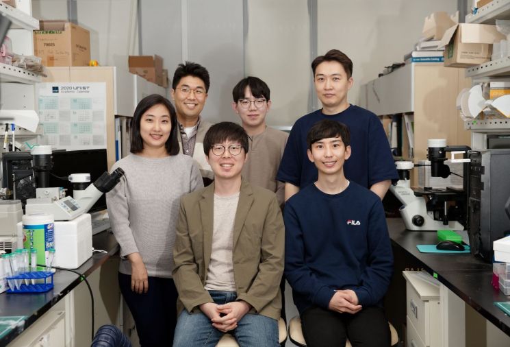 연구진(뒷줄 오른쪽부터 시계방향) 강주헌 교수, 오지웅 연구원, 권세용 연구조교수, 엄유진 연구조교수, 정준우 교수, 이민석 연구원. [이미지출처=유니스트]