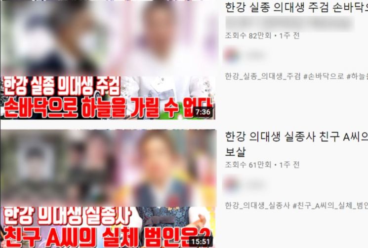정민 씨 사고 관련 확인되지 않은 사실을 주장하는 내용의 유튜브 영상들. / 사진=유튜브 화면 캡쳐