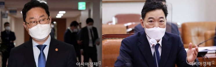 박범계 법무부 장관과 김오수 검찰총장 후보자./김현민 기자 kimhyun81@, 윤동주 기자 doso7@