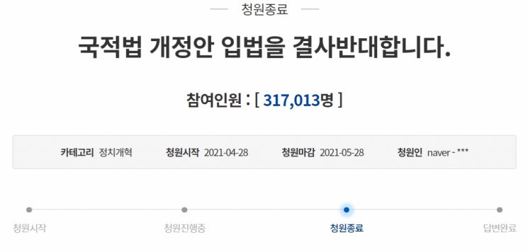'국적법 개정을 반대한다'는 내용의 청와대 국민청원 게시글./사진=청와대 국민청원 게시판