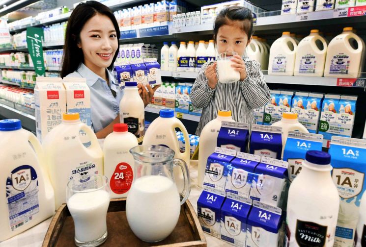 홈플러스는 6월1일 '세계 우유의 날'을 맞아 유기농우유(125㎖) 12팩과 유기농 수건이 담긴 '매일 상하목장 유기농우유 기획팩(1만1900원)'을 5000개 한정으로 단독 론칭했다고 31일 밝혔다. 모델이 서울 성산동 홈플러스 월드컵점에서 어린이와 함께 다양한 우유를 선보이고 있다(사진제공=홈플러스).