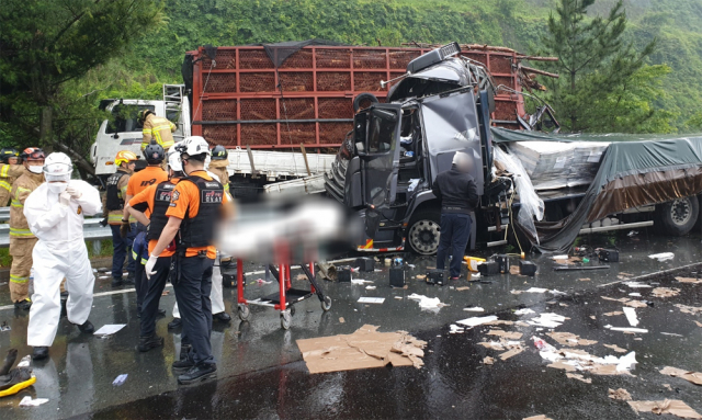 마산 진전면 갓길서 5·1t 차량에 25t 트럭 덮쳐