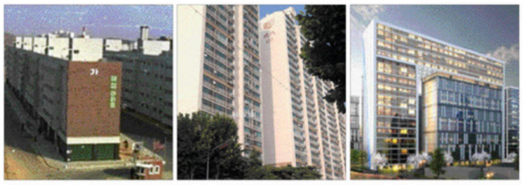 대치현대아파트 전신인 신해청아파트 전경(왼쪽)과 대치현대아파트의 현재 모습(가운데), 그리고 대치현대아파트 리모델링 조감도.