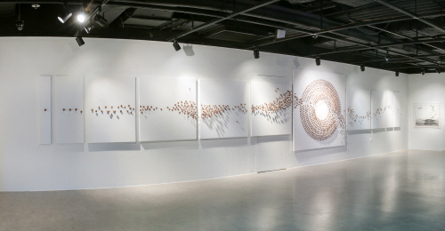 석과불식-1902_1000x200cm_Bamboo Stick And Seeds_2019 (평면설치 전시전경)./사진제공=김동석 작가
