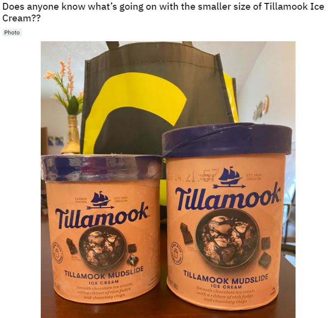 미국 아이스크림 제조업체 '틸라묵'의 아이스크림 통을 비교한 모습. / 사진=인터넷 커뮤니티 '레딧' 캡처