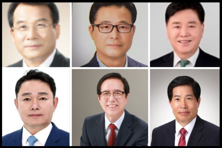 (사진 위 왼쪽 부터) 김학영 전 고흥경찰서장, 송영종 전 순천부시장, 장세선 전 고흥군의회의장, (사진 아래 왼쪽 부터) 박진권 전남도의원, 송귀근 현 고흥군수, 공영민 전 제주발전연구원장.