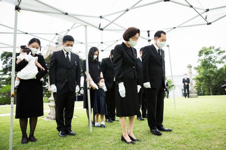 김호연 빙그레 회장(오른쪽)과 그 가족이 26일 백범 김구 선생 서거 72주년을 맞아 묘소에서 참배하고 있다.[사진=빙그레]