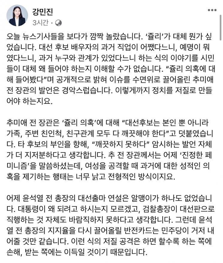30일 강민진 청년정의당 대표가 자신의 페이스북에 올린 글. 사진=강 대표 페이스북 캡처.
