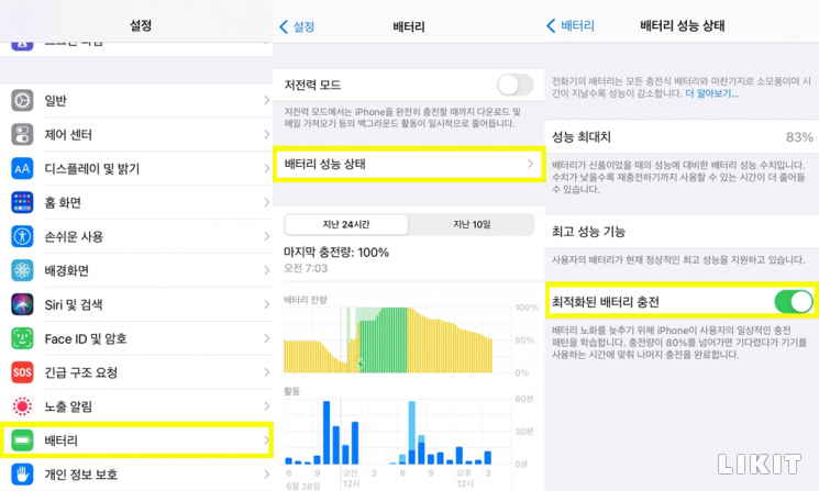 배터리 노화 속도를 늦추는 ‘최적화된 배터리 충전’ 기능. ⓒ라이킷