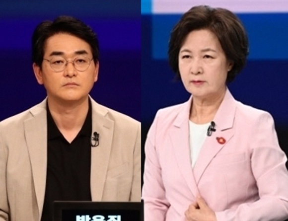 더불어민주당 대선 예비후보자인 박용진(왼쪽) 의원과 추미애 전 법무부 장관이 5일 서울 마포구 JTBC 스튜디오에서 합동 TV토론을 준비하고 있다. /사진=국회사진기자단