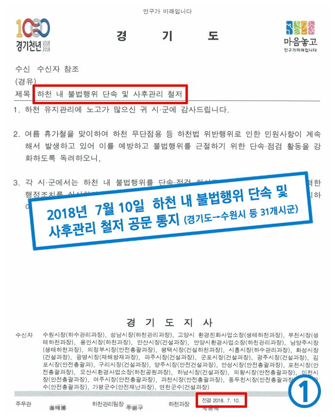 경기도가 2018년 7월10일 도내 31개 시군에 보낸 하천계곡 불법행위 단속 공문
