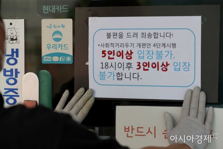 수도권 사회적 거리두기 4단계 시행을 하루 앞둔 11일 서울 시내 한 음식점에서 관계자가 ‘18시 이전 5인 이상 입장불가, 18시 이후 3인 이상 입장불가’ 안내문을 붙이고 있다. /문호남 기자 munonam@
