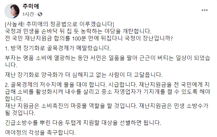 추미애 전 법무부장관이 13일 자신의 페이스북에 올린 글. 사진=추 전 장관 페이스북 캡처.