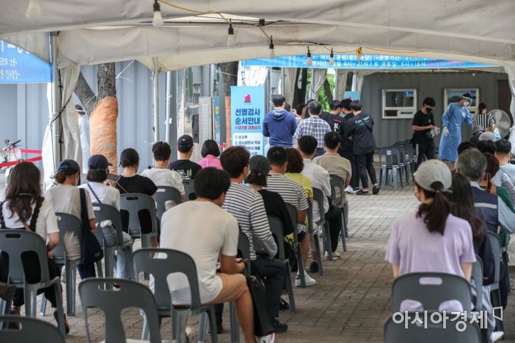 코로나19 신규 확진자가 1천150명 발생하며 1주 연속 일일 신규 확진자가 1천명이 넘어선 13일 서울 여의도공원에 마련된 임시선별검사소를 찾은 시민들이 검사를 받기 위해 대기하고 있다./강진형 기자aymsdream@