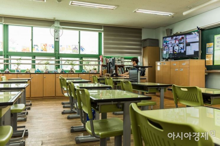 사회적 거리두기 4단계 적용에 따라 서울 학교들이 원격수업으로 전환된 가운데 14일 오전 서울 성동구 무학초등학교 5학년 교실에서 선생님이 온라인 수업을 진행하고 있다. 2021.07.14.