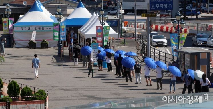 [포토] 선별검사소 앞 파란 우산 행렬