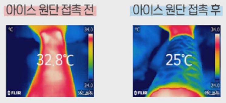 열화상카메라로 진행한 아이스 침구 열전도율 측정 실험에서 세사리빙의 아이스 침구는 원단이 피부에 닿은 직후 피부 표면 온도가 7.8℃ 내려가는 것으로 측정됐다. 사진제공 = 웰크론