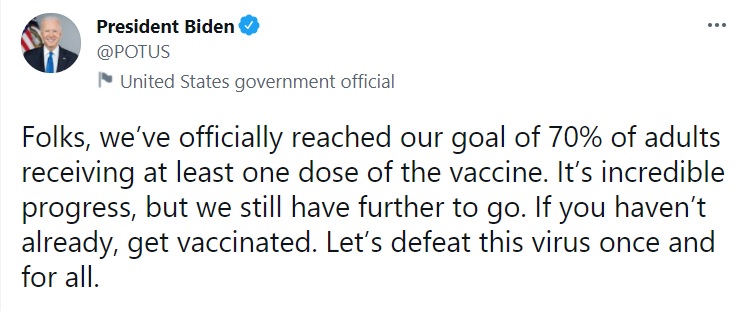 바이든, "성인 70% 백신 접종, 아직 갈길멀어" 접종 당부